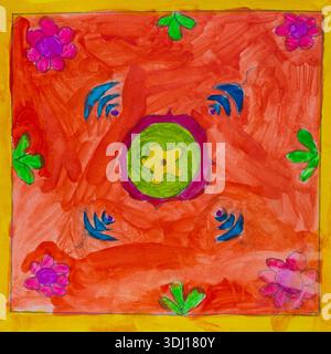 Vibrant hand-drawn floral mandala with orange background Stock Photo