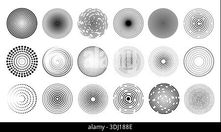 Concentric circle pattern with radial dotted rings and abstract ripple sound waves, optical illusions, line geometric elements. Hypnotic vertigo Stock Vector