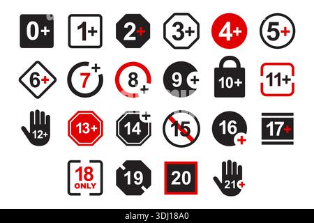 Age restriction label with warning symbols for parental guidance, content control and media censorship in adult or teen access design. Age censor year Stock Vector