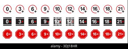 Age rating icons, warning labels and parental guidance badges for content restriction, media compliance and child safety. Vector isolated set Stock Vector