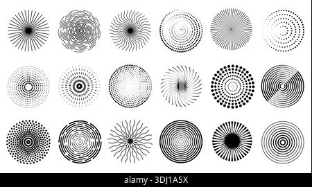 Radial circle pattern with geometric swirls and sunburst rays for dynamic background, optical illusion and futuristic vector design. Abstract Stock Vector