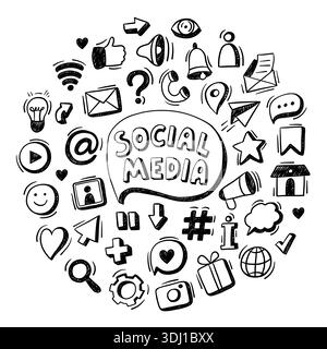 Social media doodle icons in circle. Hashtag, like thumbs up, heart and camera, comment chat symbols for web banner. Hand drawn vector set, profile Stock Vector