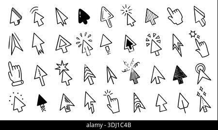 Cursor doodle arrows. Hand drawn mouse pointer and hand click symbols for UI navigation, subscribe button hover. Drag and drop tools, finger selection Stock Vector