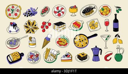 Italian cuisine color doodle. Hand drawn pizza, pasta and spaghetti, ravioli and risotto, seafood and fish, mozzarella and shrimp, octopus and caprese Stock Vector