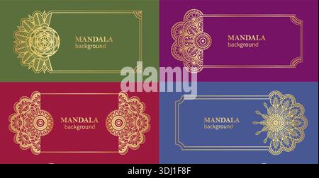 Mandala banner set with golden corners and floral filigree for luxury poster, wedding invitation and premium cosmetic or jewelry branding. Ornate Stock Vector