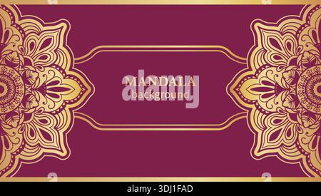 Mandala background with golden filigree and floral arabesque on maroon for luxury invitation, premium packaging, elegant wedding design. Headers Stock Vector