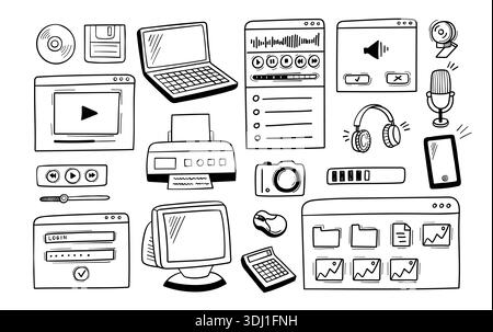Doodle computer devices. Hand drawn gadgets, calculator, monitor and media player, printer and microphone, laptop and camera, headphones, smartphone Stock Vector