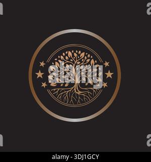 Natural Vector Tree Logo Illustration Nature Tree Golden Roots and Growth logo Design Template Stock Vector