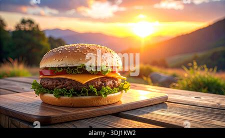 A perfectly stacked cheeseburger rests on a rustic wooden table, its melted cheese draping over a juicy beef patty as the warm glow of the setting sun Stock Photo
