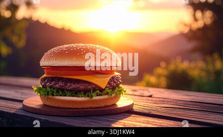 A perfectly stacked cheeseburger rests on a rustic wooden table, its melted cheese draping over a juicy beef patty as the warm glow of the setting sun Stock Photo