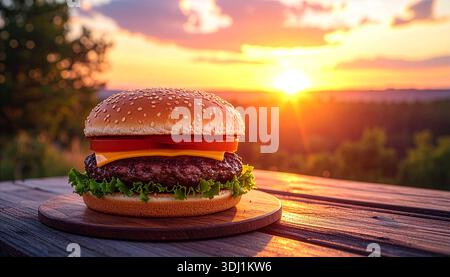 A perfectly stacked cheeseburger rests on a rustic wooden table, its melted cheese draping over a juicy beef patty as the warm glow of the setting sun Stock Photo