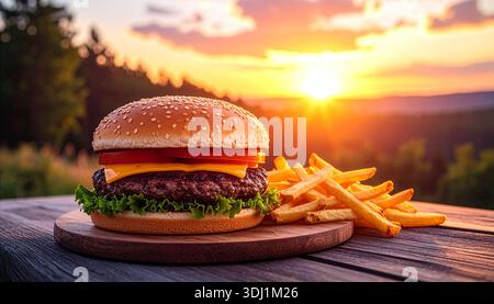 A perfectly stacked cheeseburger sits on a rustic wooden table alongside a serving of golden fries, with melted cheese cascading over a juicy beef pat Stock Photo