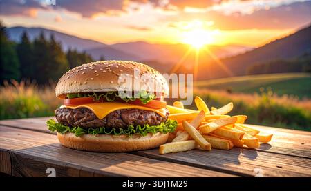 A perfectly stacked cheeseburger sits on a rustic wooden table alongside a serving of golden fries, with melted cheese cascading over a juicy beef pat Stock Photo