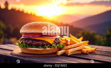 A perfectly stacked cheeseburger sits on a rustic wooden table alongside a serving of golden fries, with melted cheese cascading over a juicy beef pat Stock Photo