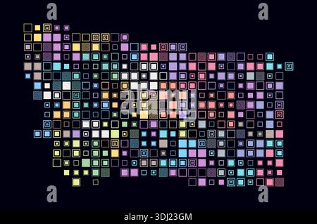 Montana, shape of the state built of colored cells. Digital-style map of Montana on a dark background, featuring large square blocks. Stock Vector