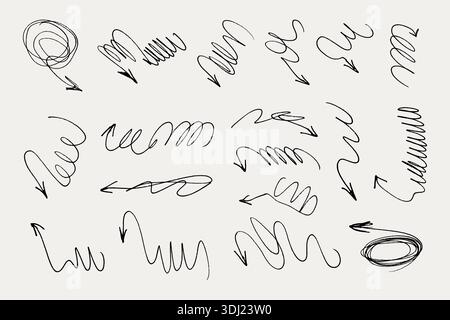 Clew tangled arrows symbols set. Continuous line messy tangled arrows. One line scribble chaotic crazy lines arrows collection. Scrawl messy lines Stock Vector