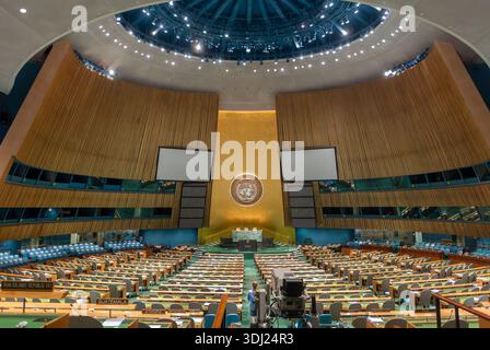 New York, City, NY, USA, inside General Assembly Meeting Room, U.N. United Nations Building, Manhattan, UN headquarters US, Wide Angle View From Rear Stock Photo