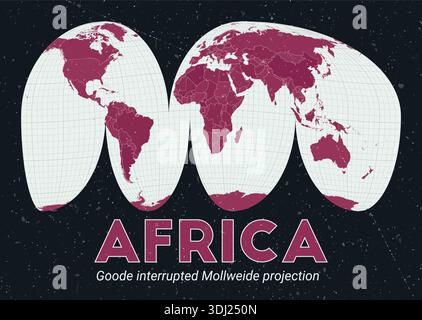 Africa. World map. Goode interrupted Mollweide projection centered to Africa. Pale Mint Dark Pink palette. Vintage texture. Stock Vector