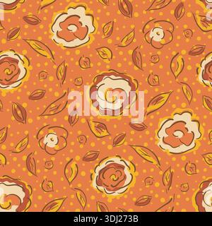 Orange tossed florals seamless vector pattern background. Scattered flowers and leaves in relaxed line art hand drawn style. On polka dot backdrop Stock Vector