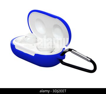 wireless headphones in a silicone case with a carabiner Stock Photo