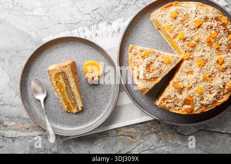 delicious multi-layered cake with a filling of dried apricots and ground walnuts, close-up, on a plate on a table. Horizontal top view from above Stock Photo