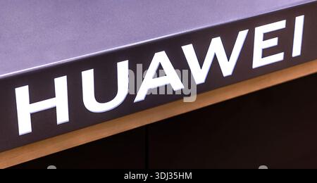 Samara, Russia - April 6, 2025: Huawei logo in electronic store. Huawei is a leading global Chinese enterprise and information and communications tech Stock Photo