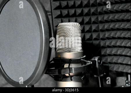 Professional condenser microphone on a stand in recording studio Stock Photo