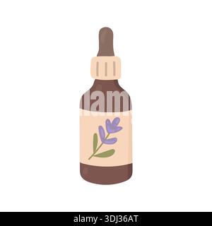 Hand drawn lavender essential oil bottle illustration for aromatherapy blogs, natural skincare branding, herbal medicine articles, and spa product Stock Vector