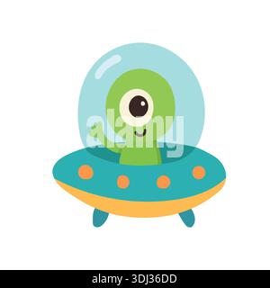 Friendly alien waving from flying UFO in colorful space scene, created for sci fi kids content, adventure stories, and imaginative design Stock Vector