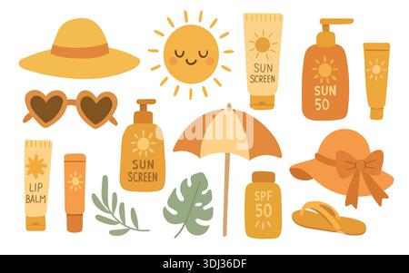 Summer sunscreen and beach accessories set with hat, umbrella, and cosmetics, ideal for vacation blogs, sun protection guides, and travel design Stock Vector