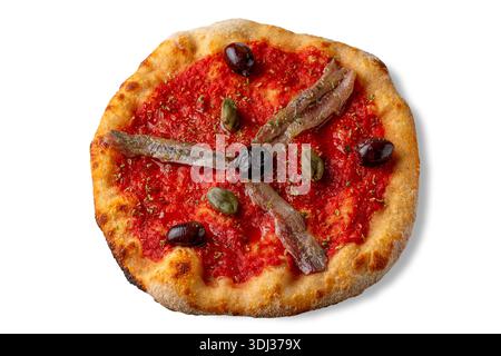 Marinara pizza (seafood pizza) with Cantabrian anchovies, olives, and tomato sauce, mini pizza isolated on white background with clipping path include Stock Photo