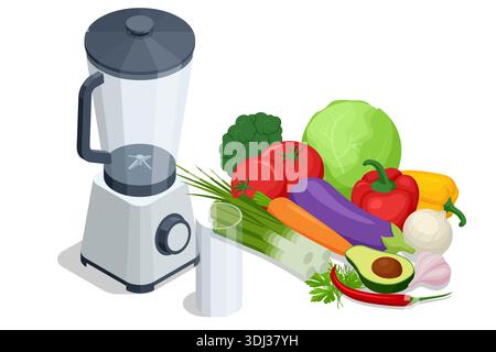 Blender with vegetable set. Isometric blender with fresh vegetable and glass. Healthy vegan food and detox drink concept. Isometric kitchen Stock Vector