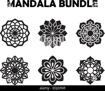 Mandala Silhouette Flower Set Black Floral Geometric Decorative Ornament Elements Stock Vector