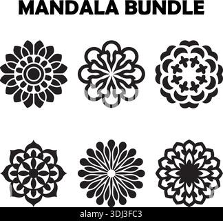 Silhouette Vector Mandala Flower Set Black Floral Geometric Decorative Ornament Art Stock Vector