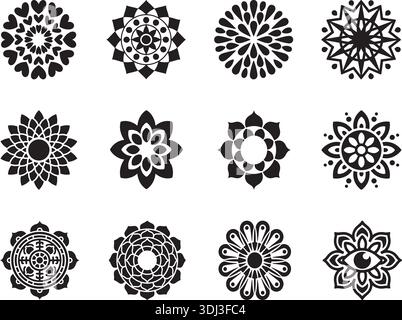 Mandala Silhouette Vector Flower Set Black Circular Decorative Ornament Elements Stock Vector