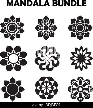 Mandala Silhouette Vector Elements Set Black Floral Geometric Decoration Ornaments Stock Vector