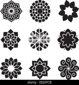 Silhouette Vector Mandala Ornament Set Geometric Pattern Decorative Black Shapes Stock Vector