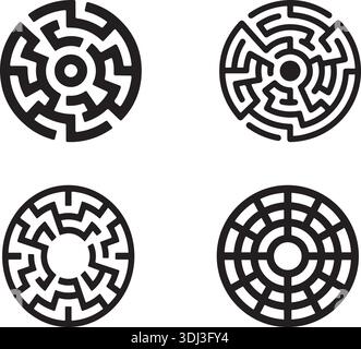 Circular Silhouette Maze Pattern Set for Abstract Geometric Design and Mandala Art Stock Vector