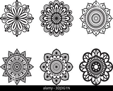 Mandala Silhouette Vector Flower Set Black Circular Decorative Ornament Elements Stock Vector