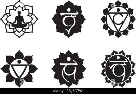 Black Chakra Silhouette Symbols Set for Meditation Yoga and Wellness Balance Art Stock Vector