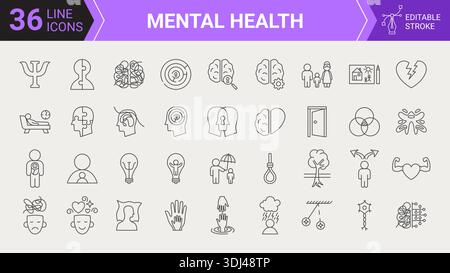 Mental Health Line Editable Icons Stock Vector