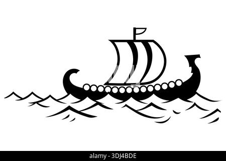 Scandinavian Viking design. Viking ship Drakkar sails on the waves of the stormy sea Stock Vector