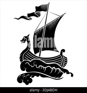 Scandinavian Viking design. Viking ship Drakkar sails on the waves of the stormy sea Stock Vector