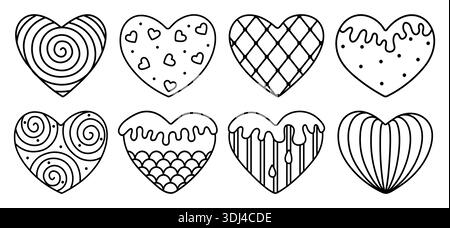 Cute black line heart set. Psychedelic outline hearts filled with various abstract geometric shapes, decorative vector doodle cliparts, monochrome ico Stock Vector