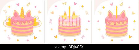 Cute birthday cake color set. Festive unicorn pie, pastry with candle and ears. Pink and yellow baked dessert with cream and confetti. Colorful vector Stock Vector