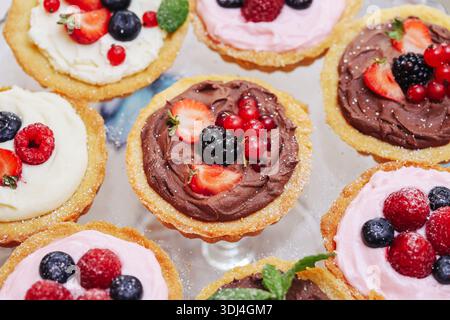 Assorted mini tarts top view. Chocolate and berry dessert pastries. Sweet bakery treats for party table. Colorful frosting and fruit closeup. Stock Photo