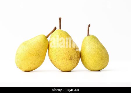 Fresh yellow pears isolated on white background. Ripe whole fruits arranged in simple composition. Natural healthy food ingredient. Stock Photo