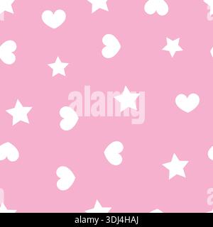 Seamless cute white stars and hearts with pink background fabric design pattern Stock Vector