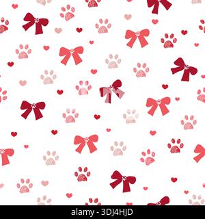 Red hearts paw prints with bows seamless fabric design pattern Stock Vector