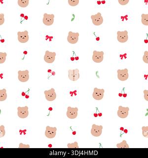 Cute bear with bow and cherries seamless fabric design pattern Stock Vector